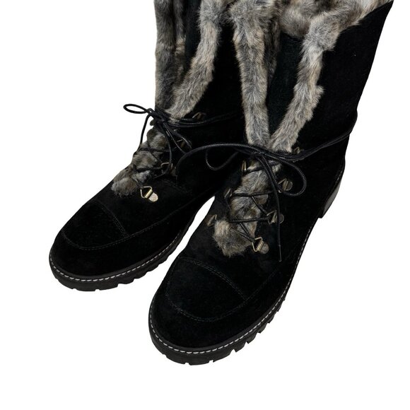 Stuart Weitzman Luge Bootie SZ 9 Fur Lined Lace Up Black Suede Winter Flat Warm - Picture 7 of 14